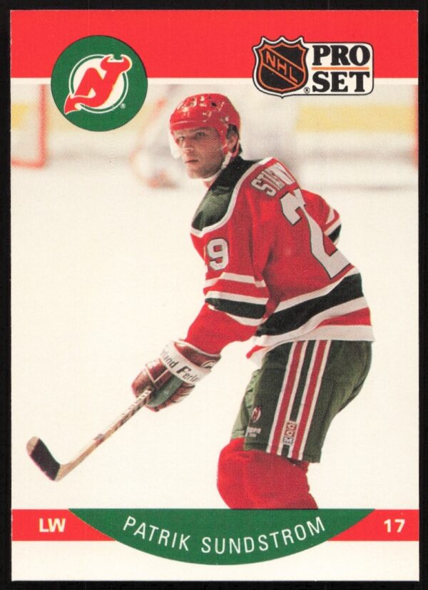 Front of 1990-91 NHL Pro Set Patrik Sundstrom #176 card, New Jersey Devils action shot.