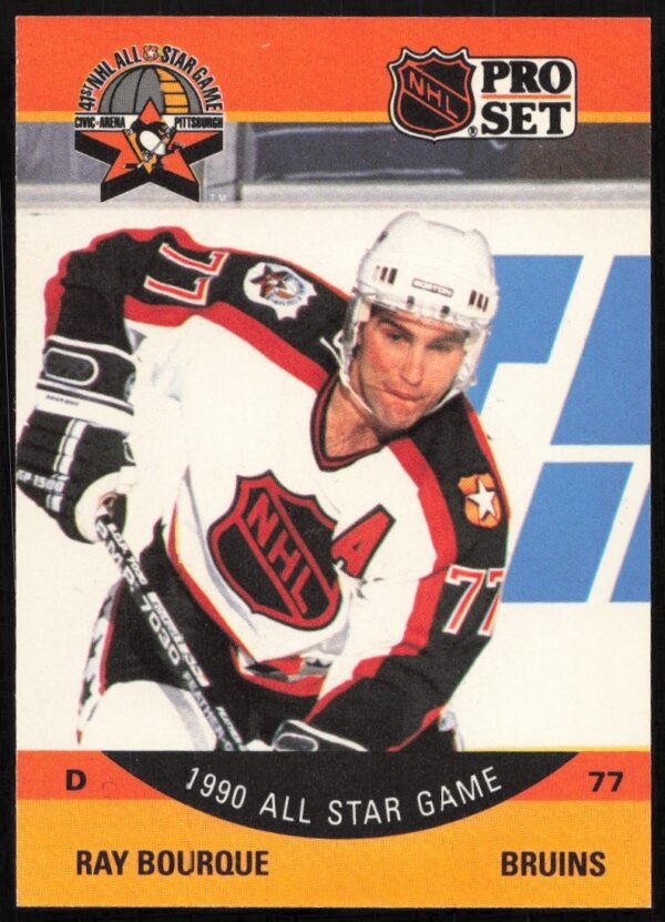 Ray Bourque 1990-91 NHL card #357, Boston Bruins uniform, Pro Set series front.