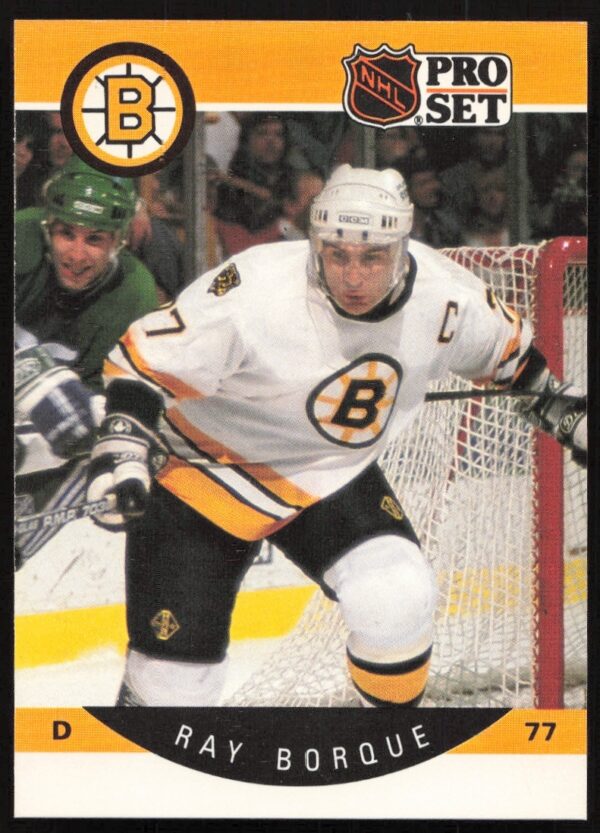 Rare 1990-91 error card of Ray Bourque with misspelled last name, Boston Bruins uniform.