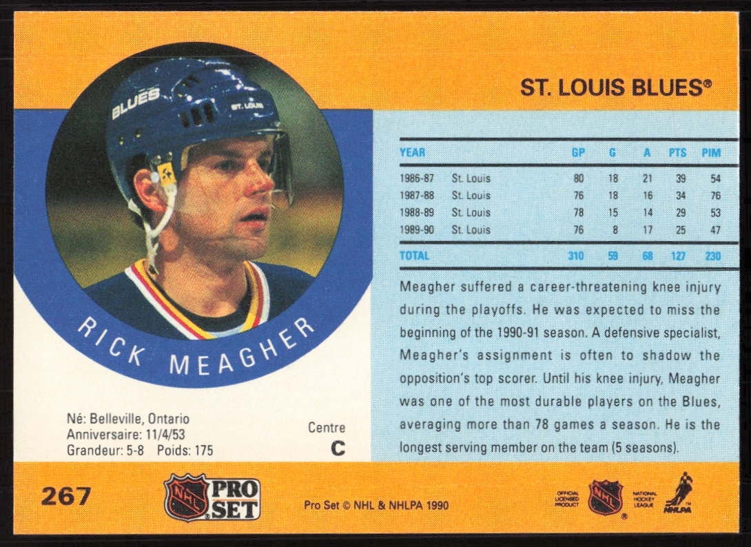 Back of 1990-91 Pro Set NHL Rick Meagher card with career stats and biography.