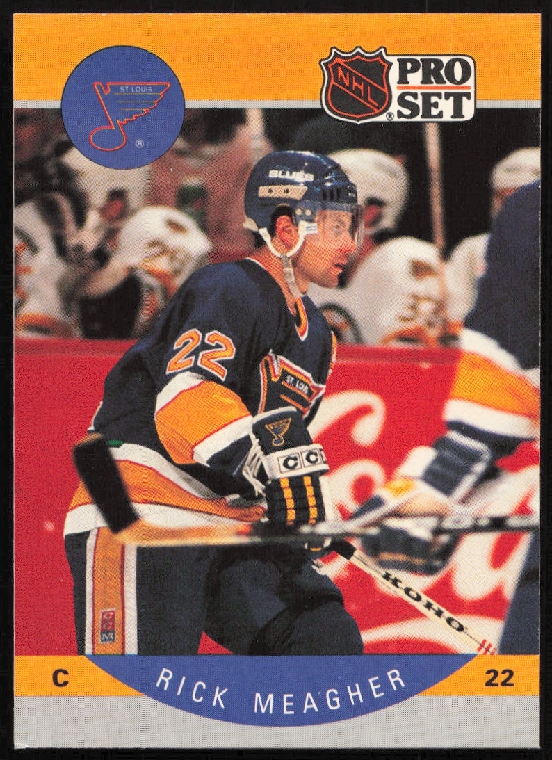 Rick Meagher on 1990-91 Pro Set NHL card #267, St. Louis Blues in action.