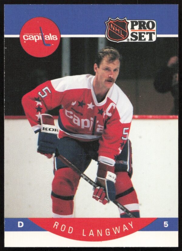 Front of 1990-91 NHL trading card featuring Rod Langway, Washington Capitals defenseman.