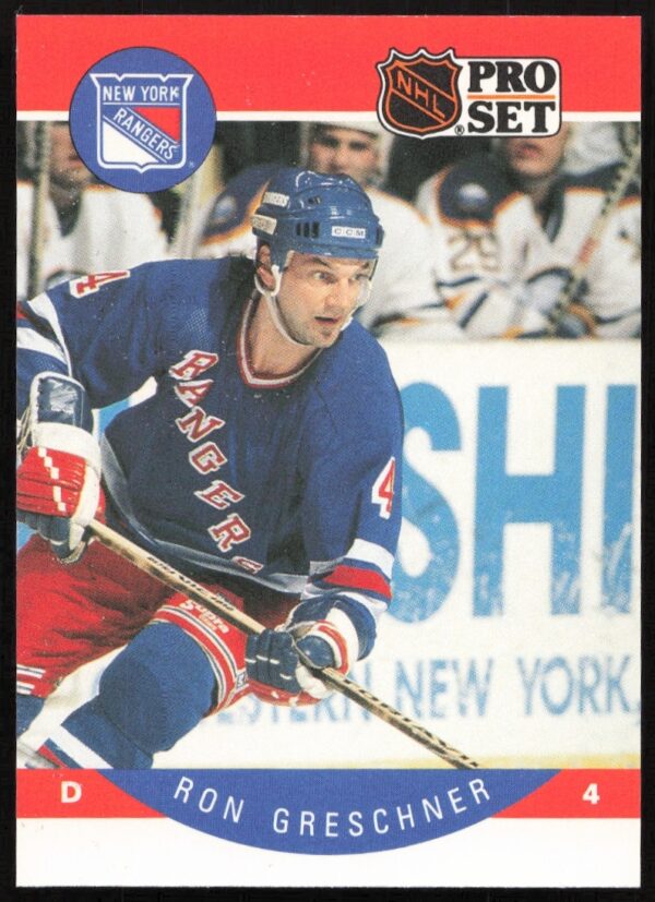 Front view of 1990-91 NHL Pro Set Ron Greschner trading card #197.