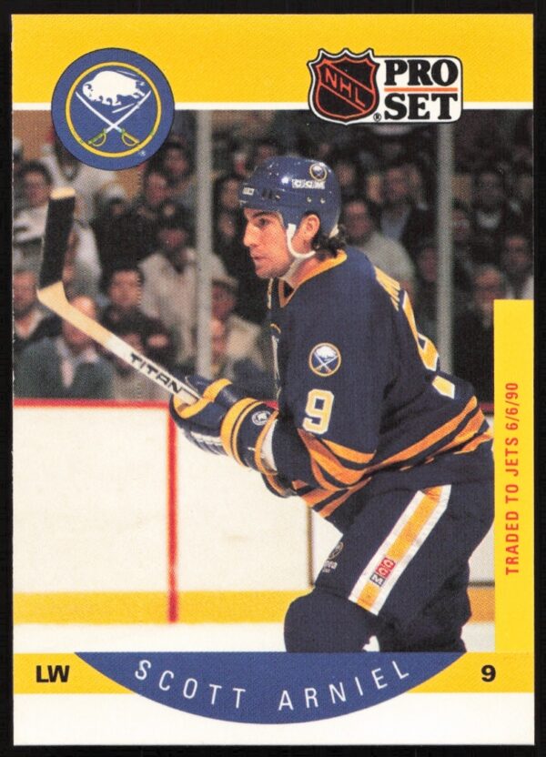 Scott Arniel 1990-91 NHL card error with incorrect back photo, vibrant front displayed.
