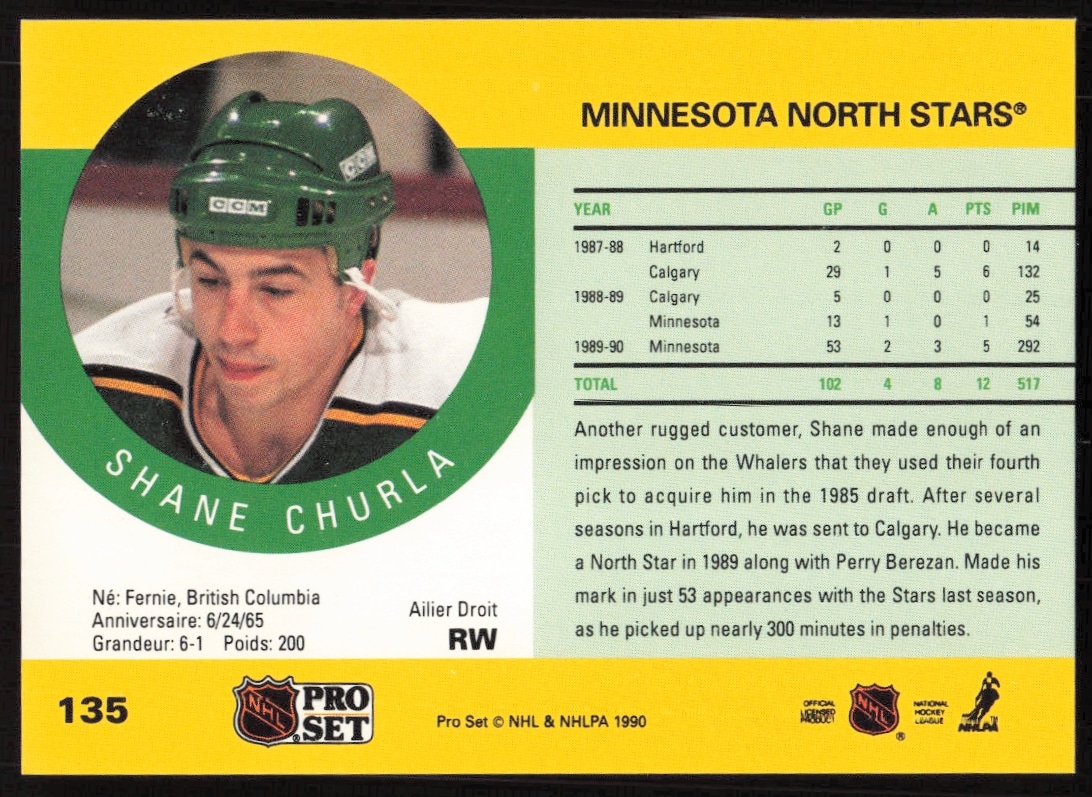 Back of Shane Churlas 1990-91 NHL Pro Set card #135 with stats and team info.