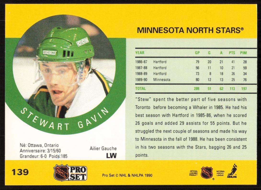 Stewart Gavin 1990-91 Pro Set NHL card back with career stats and achievements.