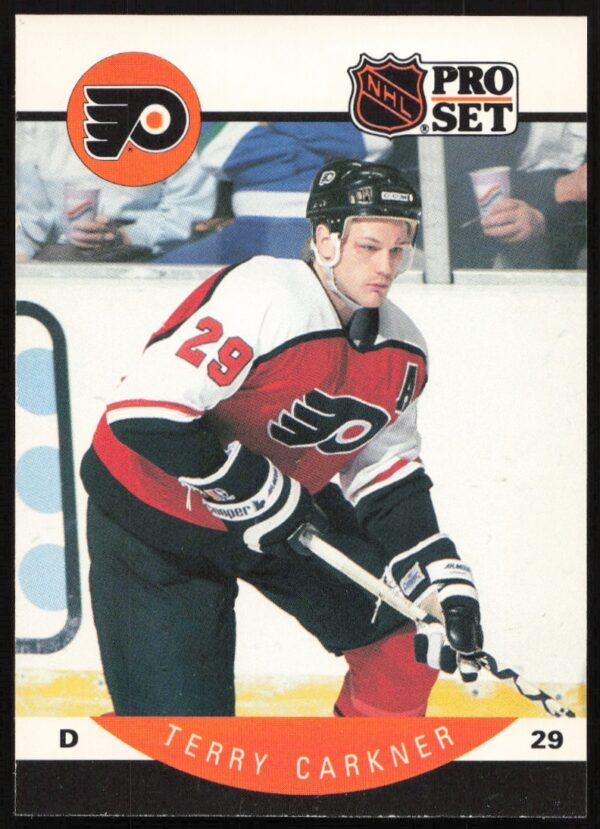 Terry Carkner 1990-91 Pro Set Hockey Card #212, Philadelphia Flyers Defenseman, Front View