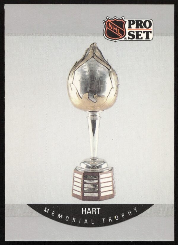 Front view of 1990-91 NHL Pro Set Hart Trophy card, spotlighting MVP award.