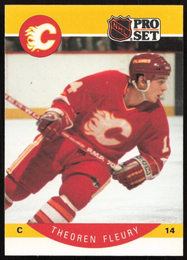 Theoren Fleury 1990-91 NHL Pro Set Card #33, Calgary Flames action shot.