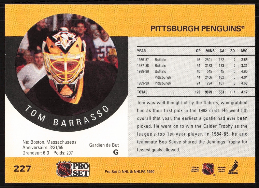 Tom Barrasso 1990-91 NHL Card Back: Stats and Highlights