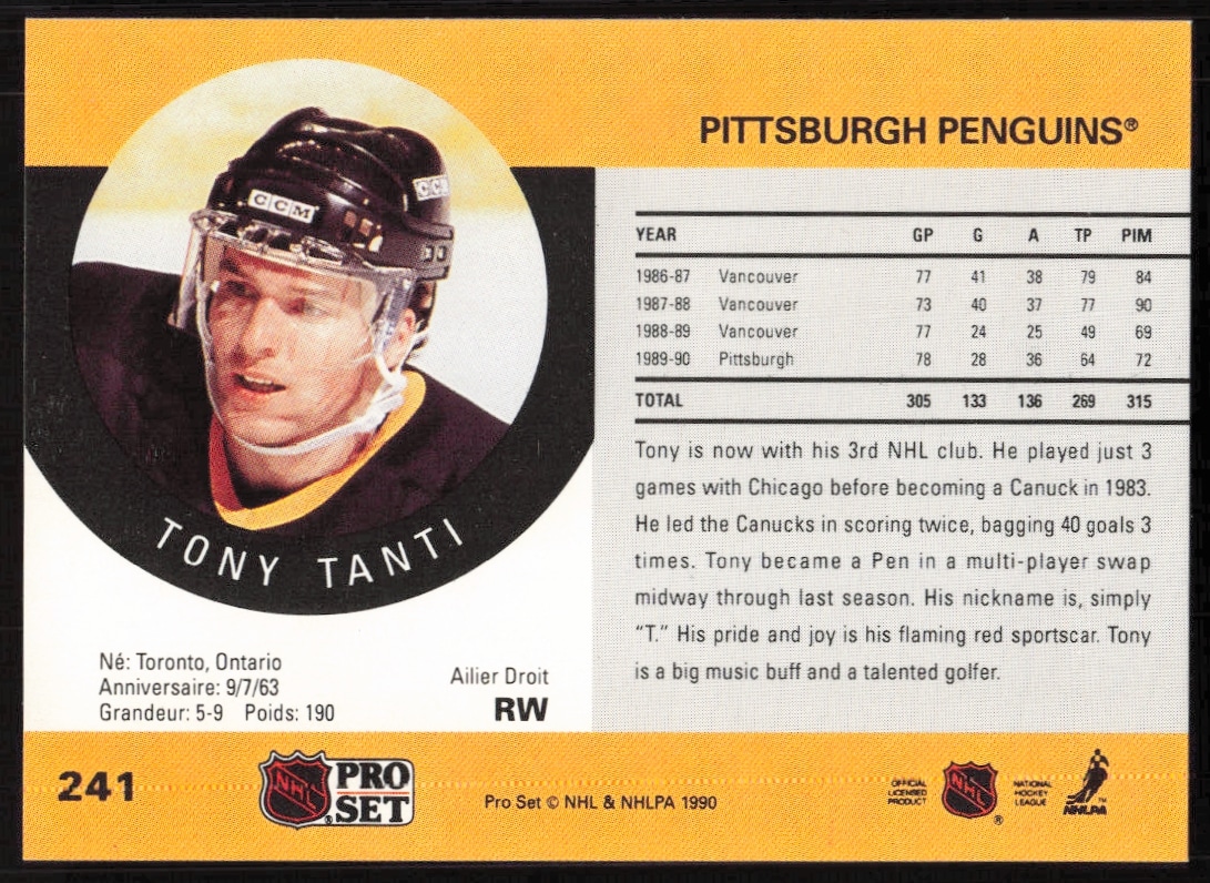 Back of 1990-91 Pro Set NHL card featuring Tony Tanti, player stats and career highlights.