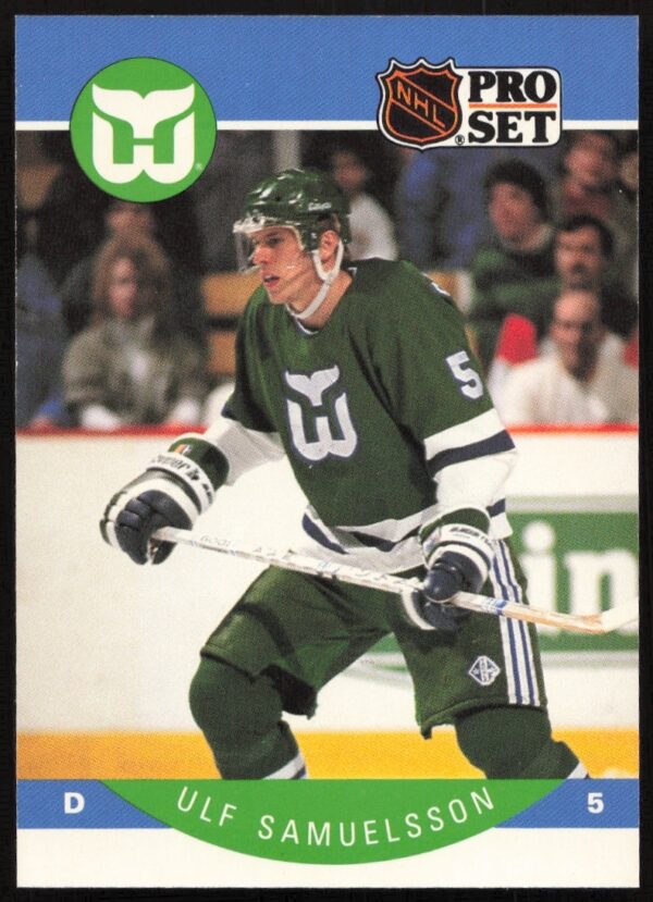 Ulf Samuelsson 1990-91 NHL Pro Set card, #109, in action on the ice.