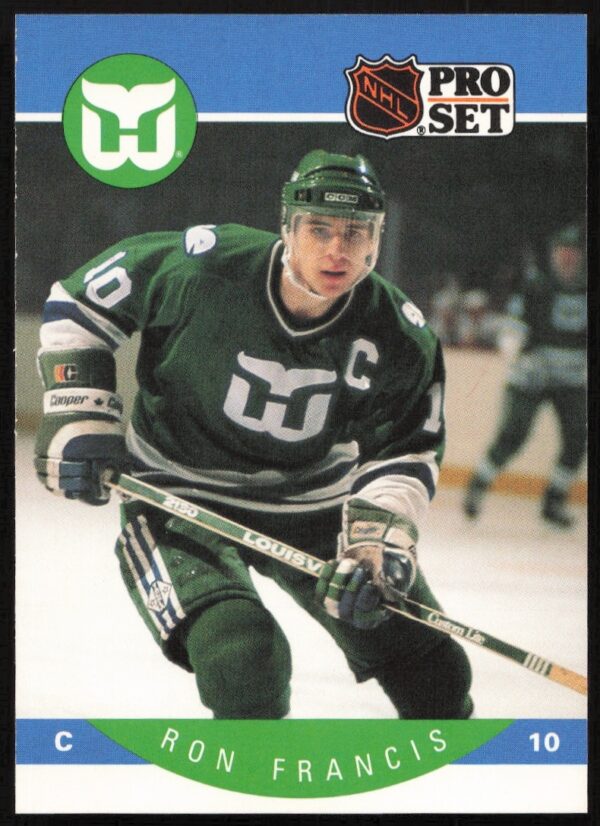 1990-91 Pro Set Hockey Card featuring Ron Francis in Hartford Whalers uniform, card #105.