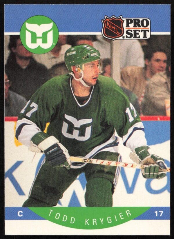 Front of 1990-91 Pro Set hockey card, Todd Krygier, #107, displaying action shot.
