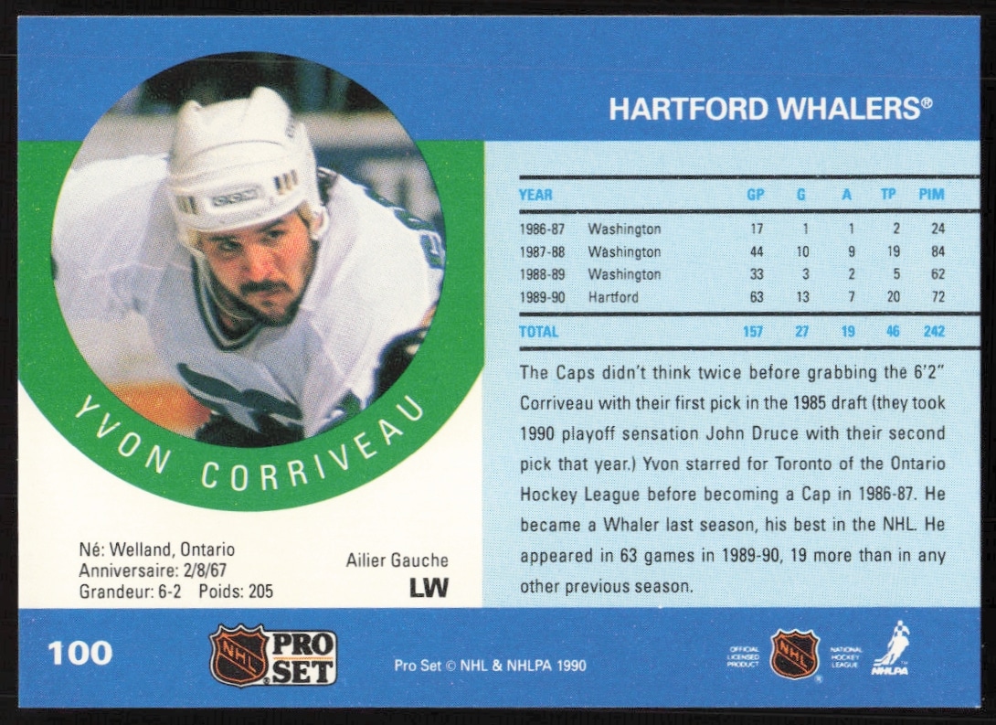 Back of Yvon Corriveau 1990-91 Pro Set hockey card with stats and biography.