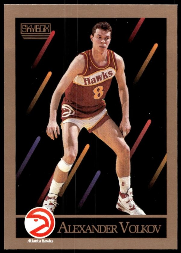 Front view of 1990-91 SkyBox Alexander Volkov basketball card #9, featuring jersey and action pose.