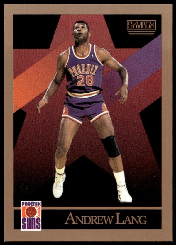 Vintage 1990-91 SkyBox basketball card Andrew Lang #225, showcasing his early career.