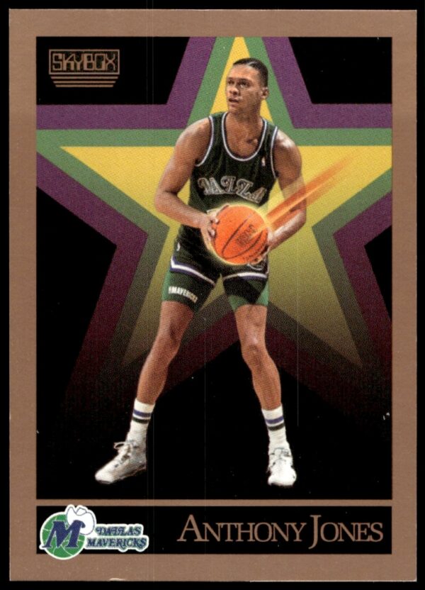 Anthony Jones SkyBox 1990-91 basketball card, #65, vibrant design, team uniform, action shot.
