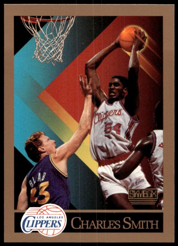 Vintage SkyBox Charles Smith basketball card, 1990-91, Clippers, #132, action pose.