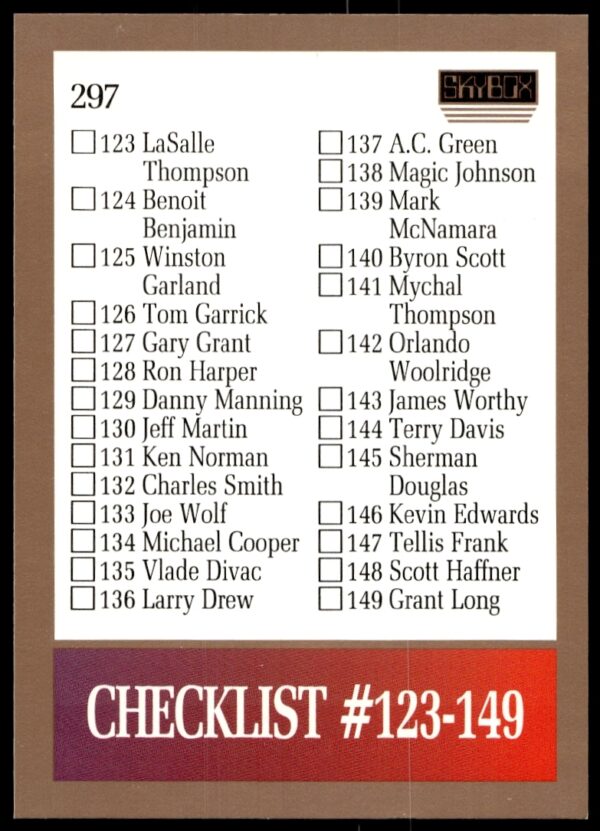 1990-91 SkyBox Basketball Card Checklist #297, listing player cards 123 to 180.