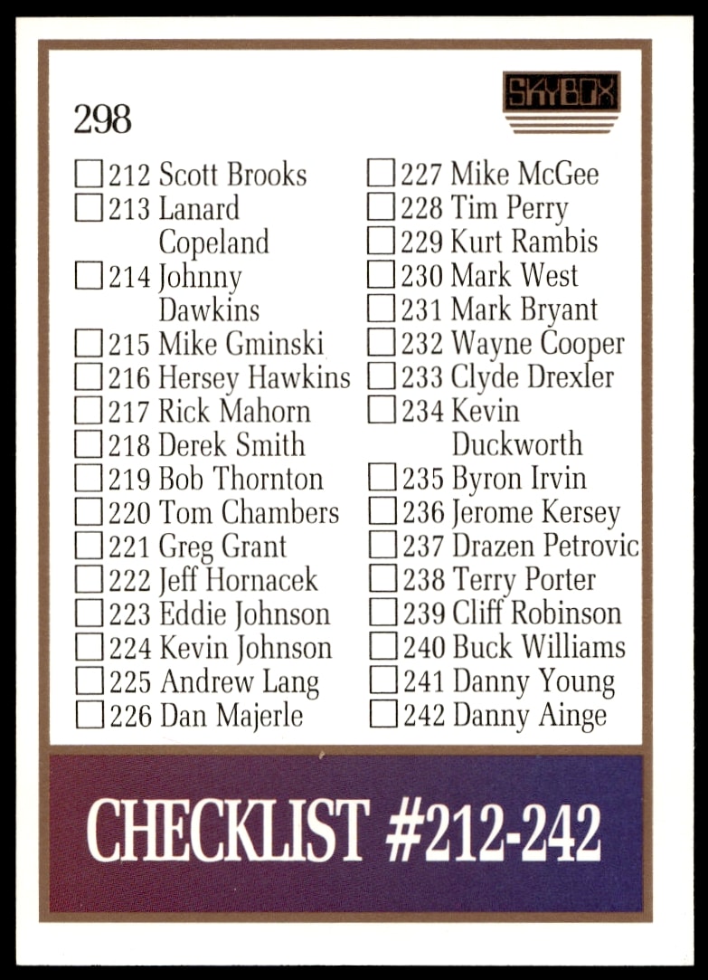 Back of 1990-91 SkyBox NBA card checklist, numbers 181-242, card #298.