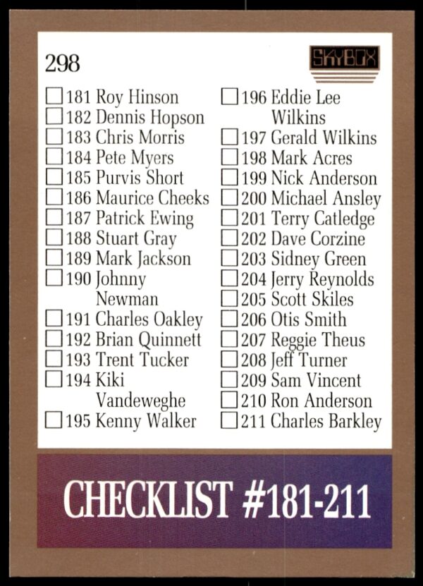 1990-91 SkyBox Basketball Checklist Cover, cards 181-242, SkyBox branded item #298.