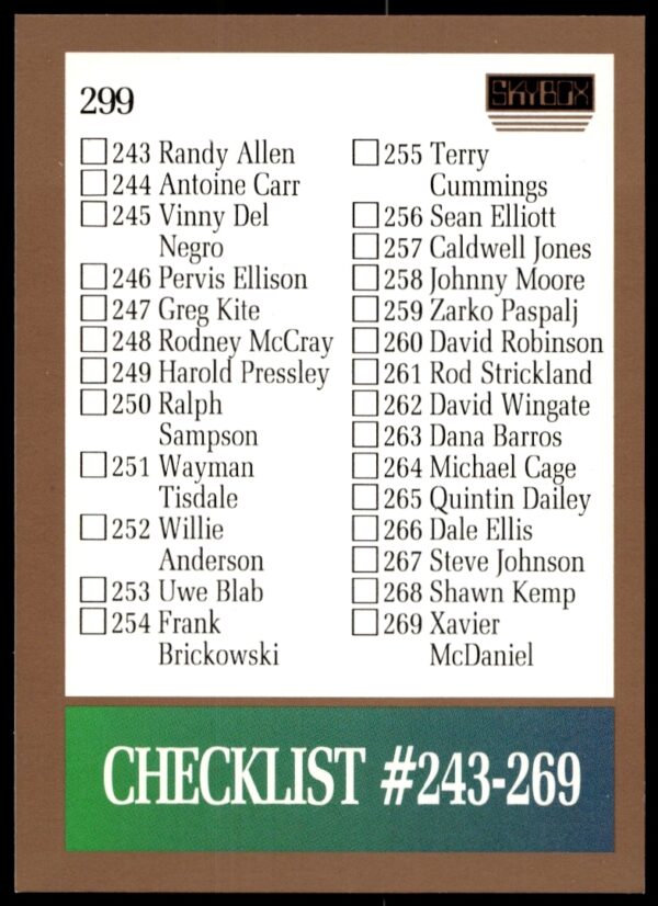 Front view of SkyBox Basketball Checklist 1990-91, cards #243-300, highlighting card #299.