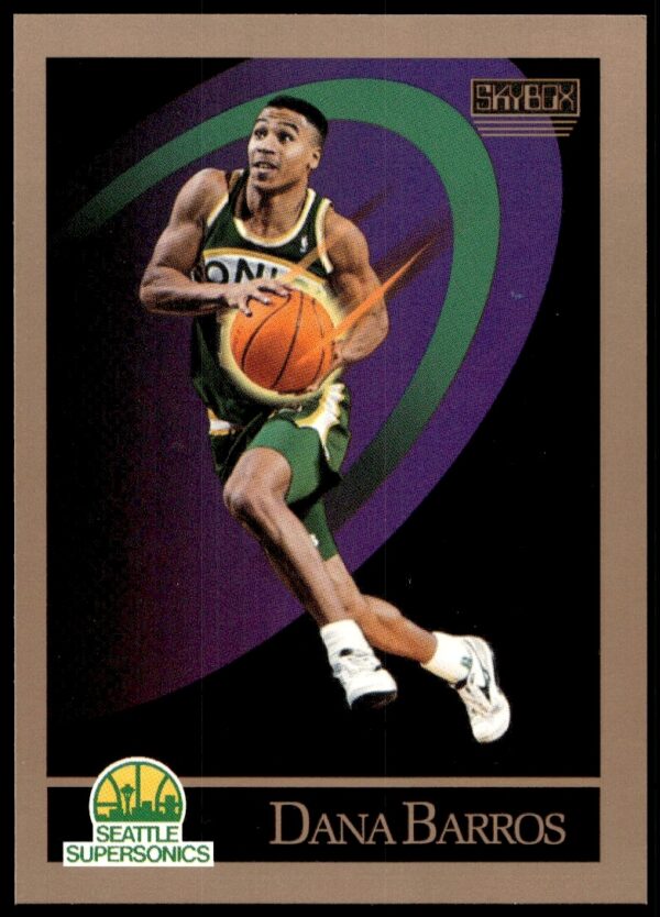 1990-91 SkyBox Dana Barros card #263, featuring Barros in SuperSonics uniform on card front.