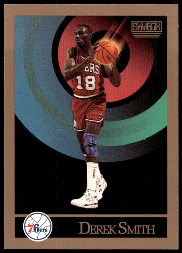 Front of Derek Smith 1990-91 SkyBox basketball card #218, depicting mid-action in jersey.
