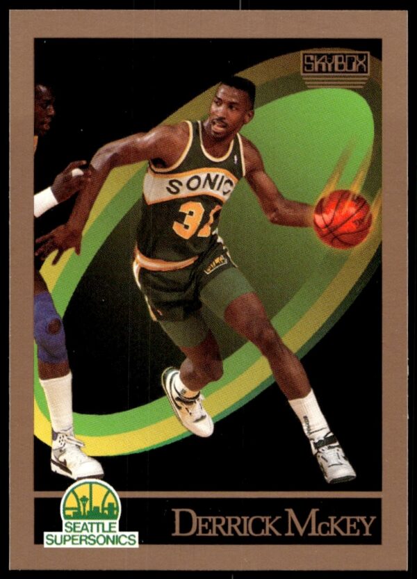 Derrick McKey 1990-91 SkyBox basketball card #270, Seattle SuperSonics uniform, action pose.