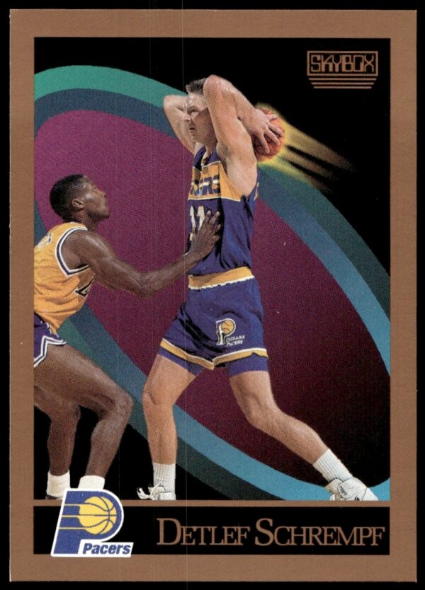 1990-91 SkyBox Basketball Card Detlef Schrempf #121 Front, displaying vibrant NBA action shot.