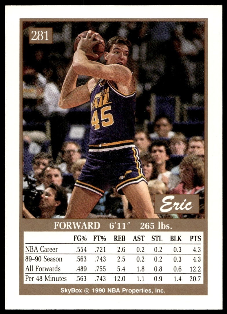 Back of 1990-91 SkyBox Eric Leckner card, featuring stats and bio.