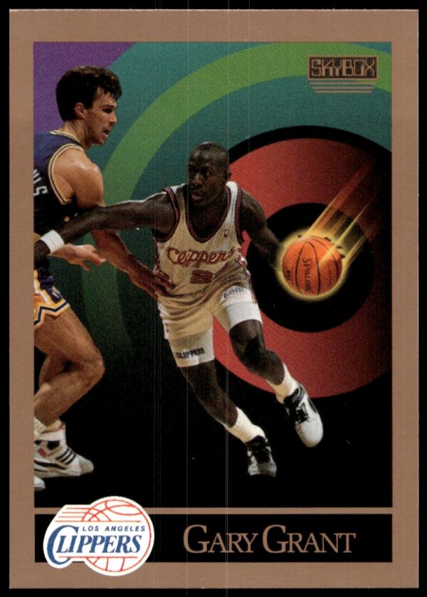 1990-91 SkyBox Gary Grant Basketball Card #127 front view, featuring NBA action and vibrant colors.