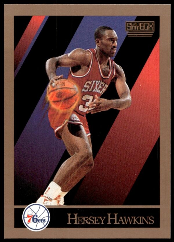 Front of 1990-91 SkyBox Hersey Hawkins basketball card, featuring 76ers guard in action.