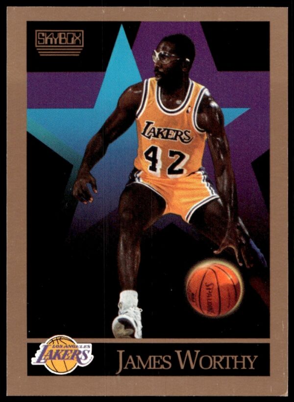 James Worthy 1990 SkyBox card #143, Lakers uniform, dynamic play image.