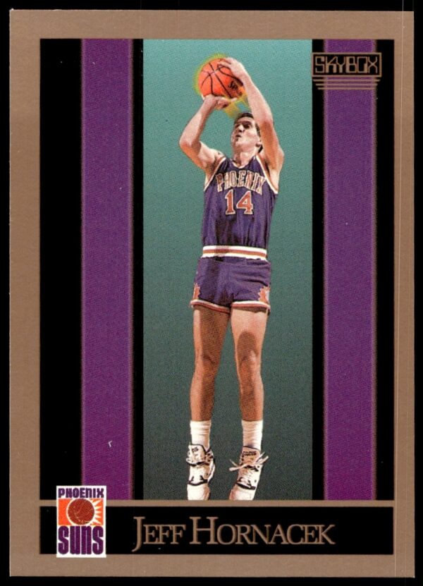 Front view of 1990-91 SkyBox Jeff Hornacek basketball card #222, showcasing vibrant 90s design.