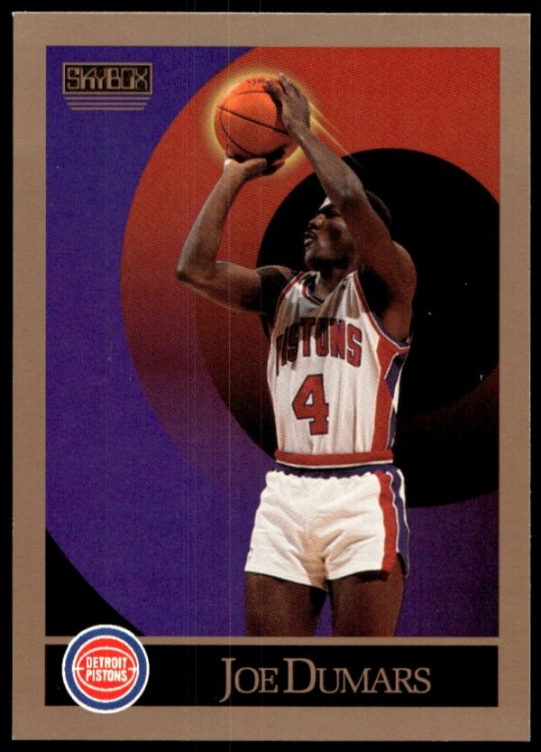 Joe Dumars basketball card 1990-91 SkyBox #84, Detroit Pistons action shot.