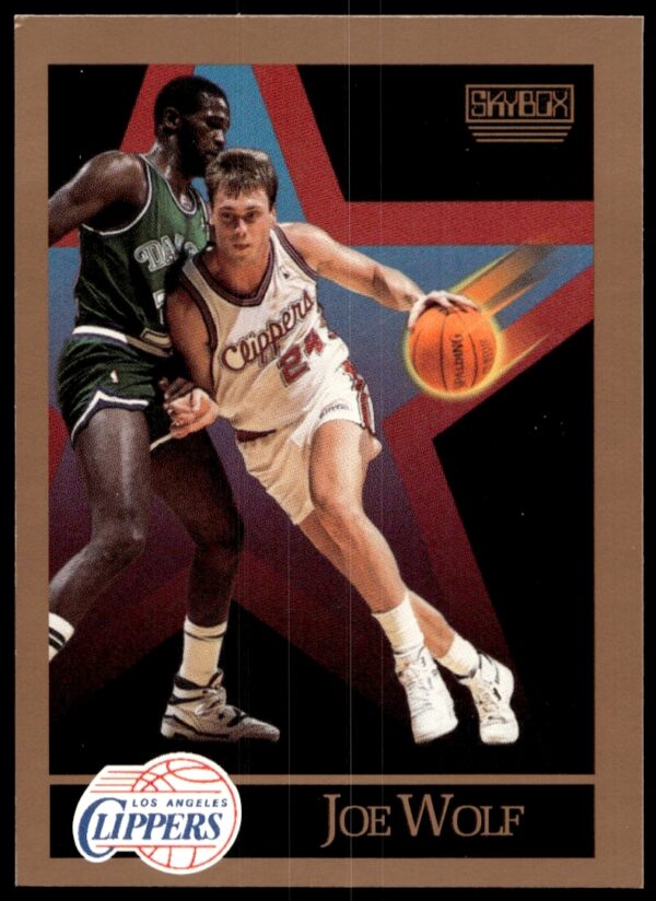 Joe Wolf in action, 1990-91 SkyBox basketball card #133, vibrant background.