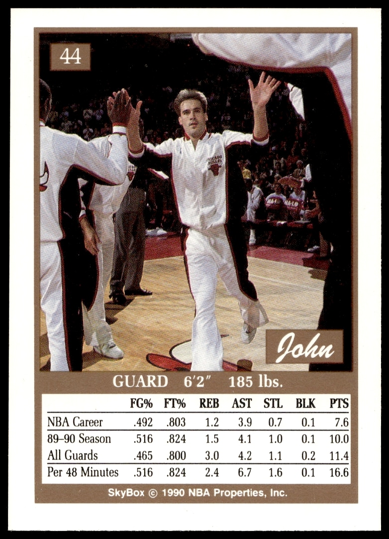 John Paxson 1990-91 SkyBox Card #44, showcasing stats and highlights (Back View).