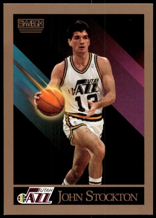 John Stockton 1990-91 SkyBox #284 basketball card front displaying action shot in Utah Jazz uniform.