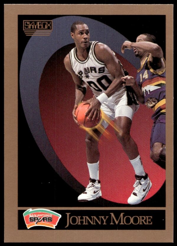 SkyBox Johnny Moore 1990-91 card #258 front, featuring Spurs action shot.