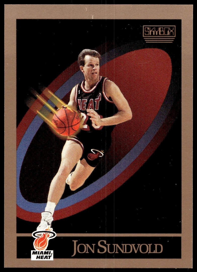1990-91 SkyBox NBA Card featuring Jon Sundvold in Miami Heat uniform, mid-action shot.