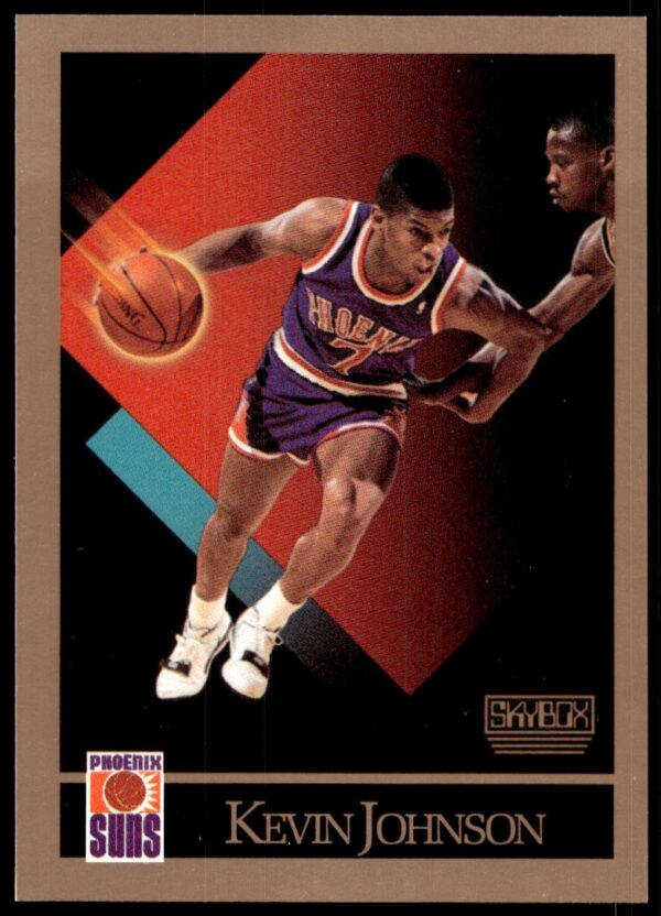 Front view of 1990-91 SkyBox Kevin Johnson card #224, featuring action shot in Suns uniform.