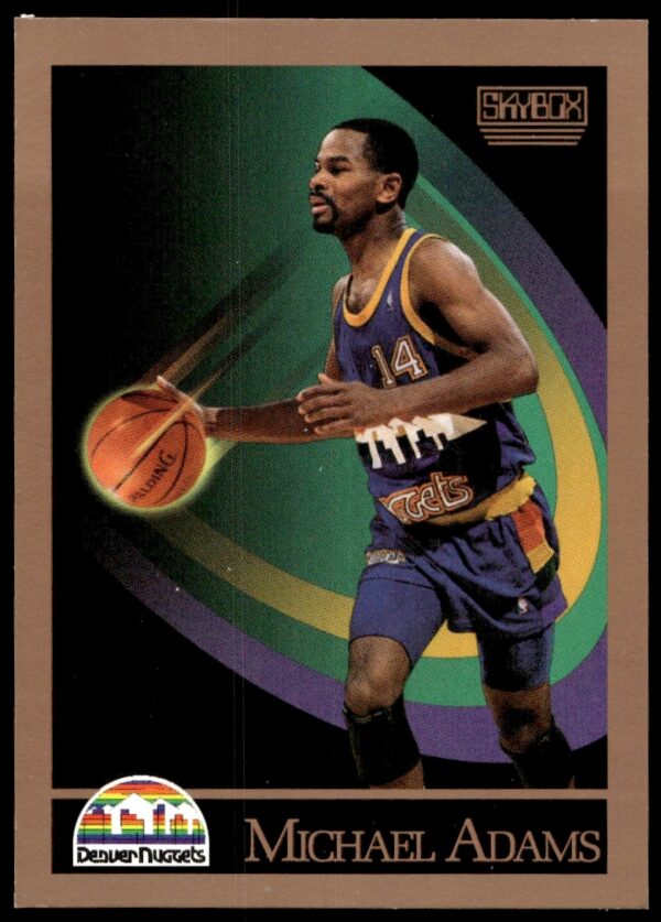 SkyBox card featuring Michael Adams, Denver Nuggets, 1990-91, dynamic action shot.