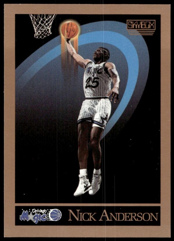 Nick Anderson 1990-91 SkyBox card #199, Orlando Magic, vibrant court pose.