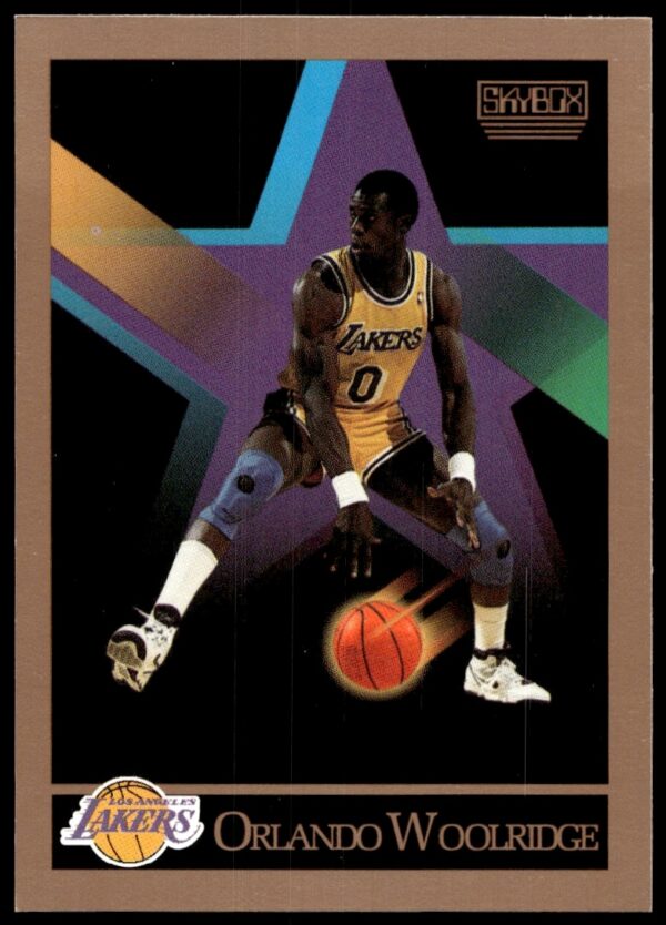 Orlando Woolridge 1990-91 SkyBox card front, Los Angeles Lakers, NBA action shot.