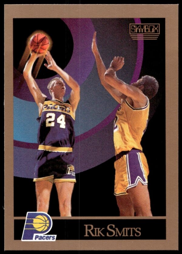 Rik Smits in action, 1990-91 SkyBox card, Pacers uniform, card #122.