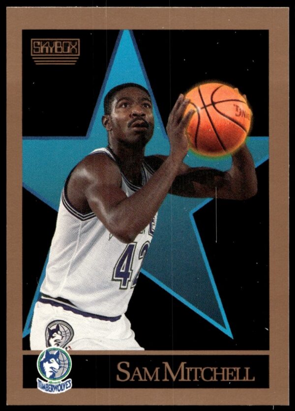Sam Mitchell 1990-91 SkyBox basketball card #171, San Antonio Spurs action shot.