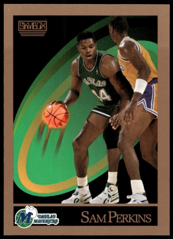 SkyBox 1990-91 Sam Perkins NBA Card #66 showing Perkins mid-play in Lakers uniform.