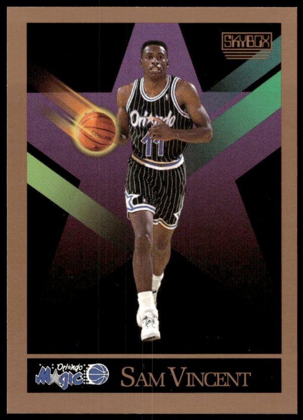 Sam Vincent 1990-91 SkyBox Basketball Card #209 in action, capturing 90s NBA gameplay.